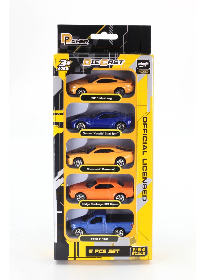 D-Power مجموعة سيارات د-باور 1:64 مصنوعة من المعدن – 5 قطع نماذج قابلة للجمع مرخصة (فورد موستانج 2015، كورفيت غراند سبورت 2017، كامارو 2010، دودج تشالنجر، فورد F-150) - Image 1
